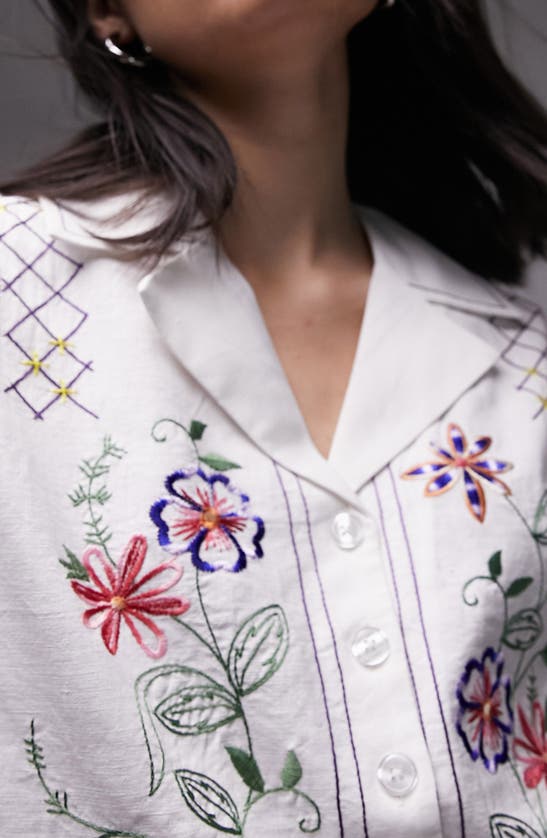Topshop Embroidered Crop Cotton & Linen Shirt In White