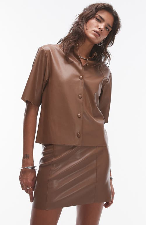 Shop Topshop Faux Leather Button-up Shirt In Chocolate