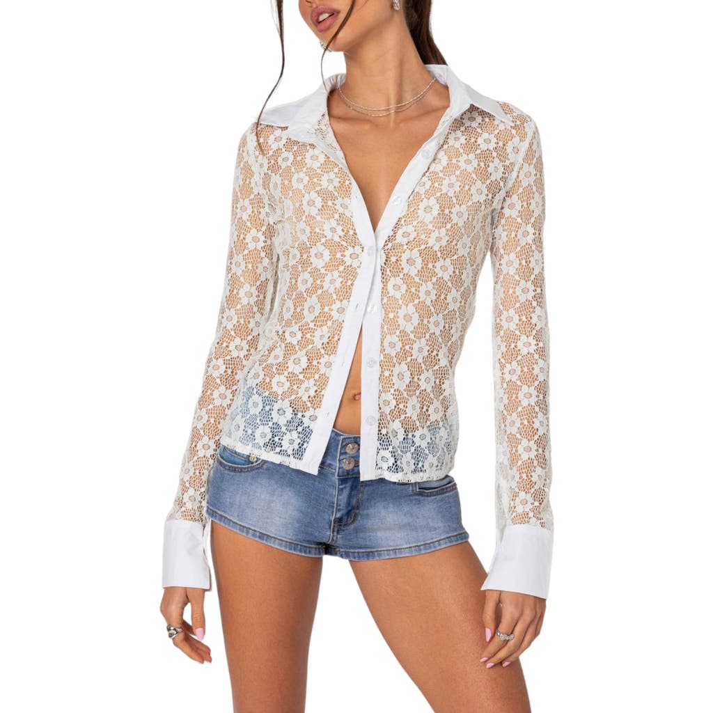 EDIKTED EDIKTED CECILIA SHEER LACE BUTTON-UP TOP