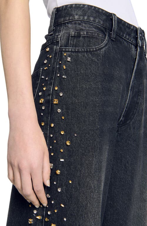 Shop Sandro Wide-leg Rhinestone Jeans In Black