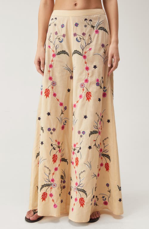 Nasty Gal Floral Embroidered Wide Leg Cotton Pants In Ecru