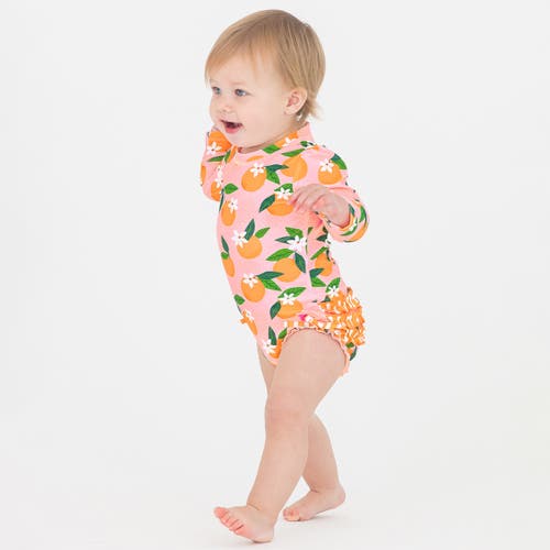 RuffleButts Girls Long Sleeve UPF50+ One Piece Rash Guard in Orange You The Sweetest at Nordstrom