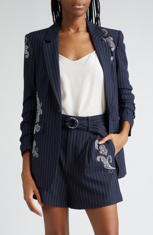 Shop Cinq À Sept Khloe Beaded Paisley Detail Pinstripe Blazer In Navy/ivory