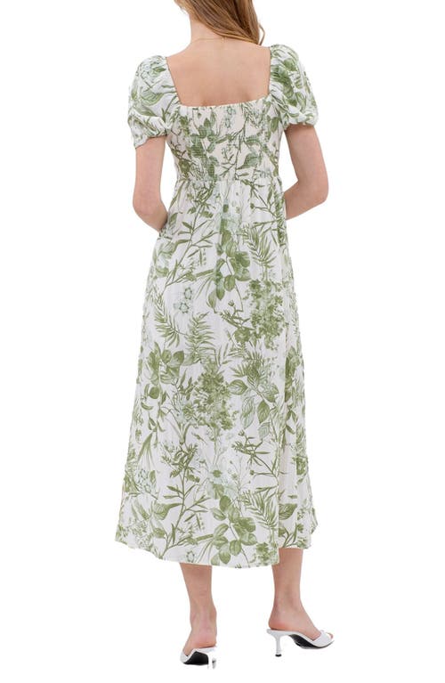 Shop Blu Pepper Floral Puff Sleeve Front Slit Midi Dress In Olive