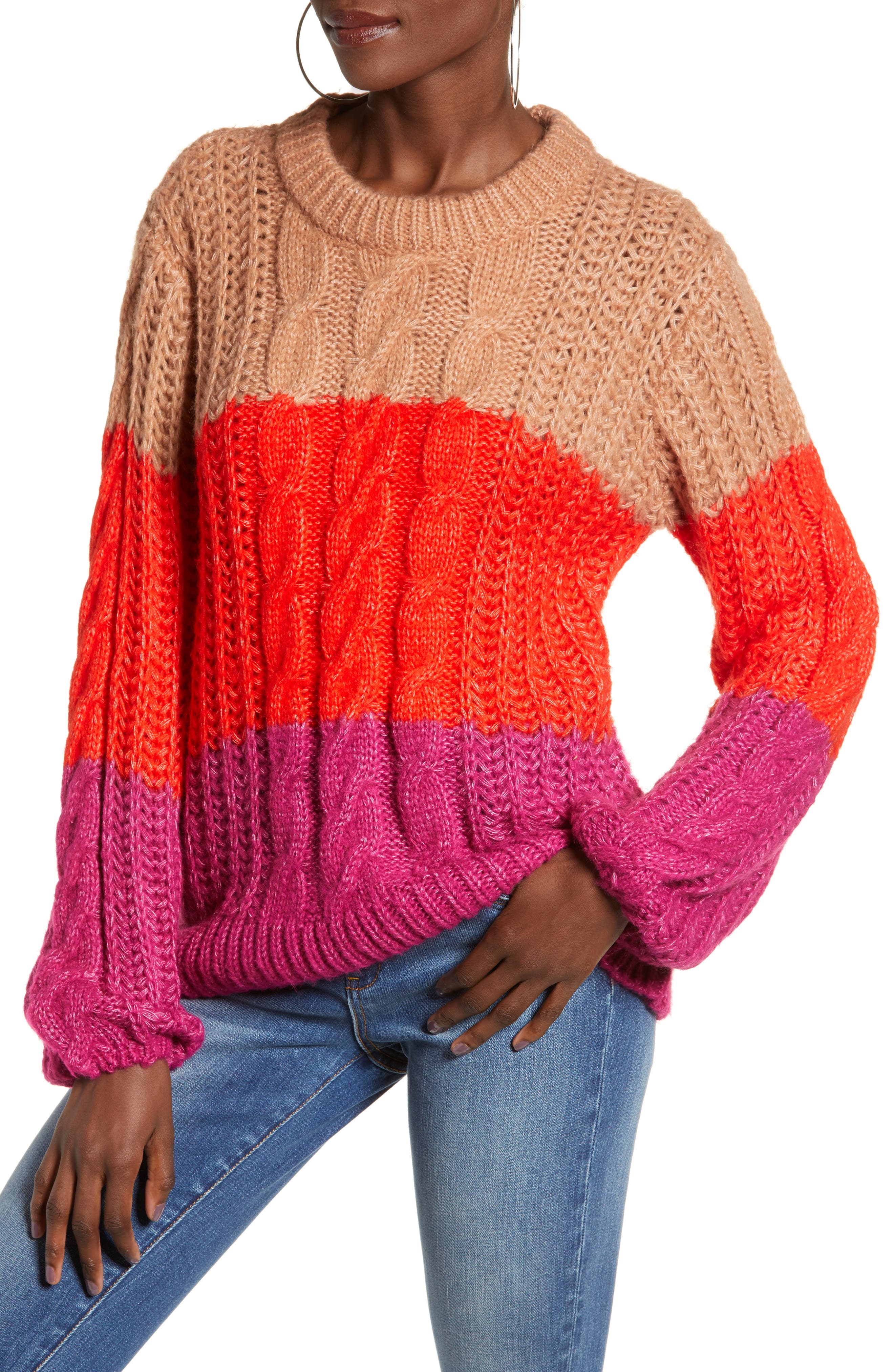 Vero Moda Becca Colorblock Chunky Cable Sweater, Brown