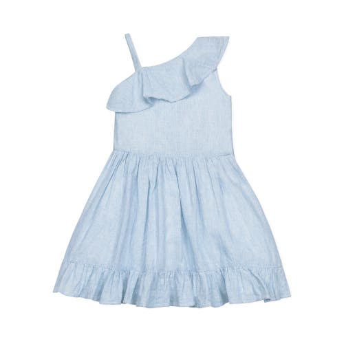 Hope & Henry Girls' Linen One Shoulder Flounce Dress With Ruffle Hem, Infant In Chambray Blue Texture