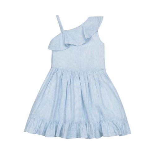 Hope & Henry Babies'  Girls' Linen One Shoulder Flounce Dress With Ruffle Hem, Infant In Chambray Blue Texture