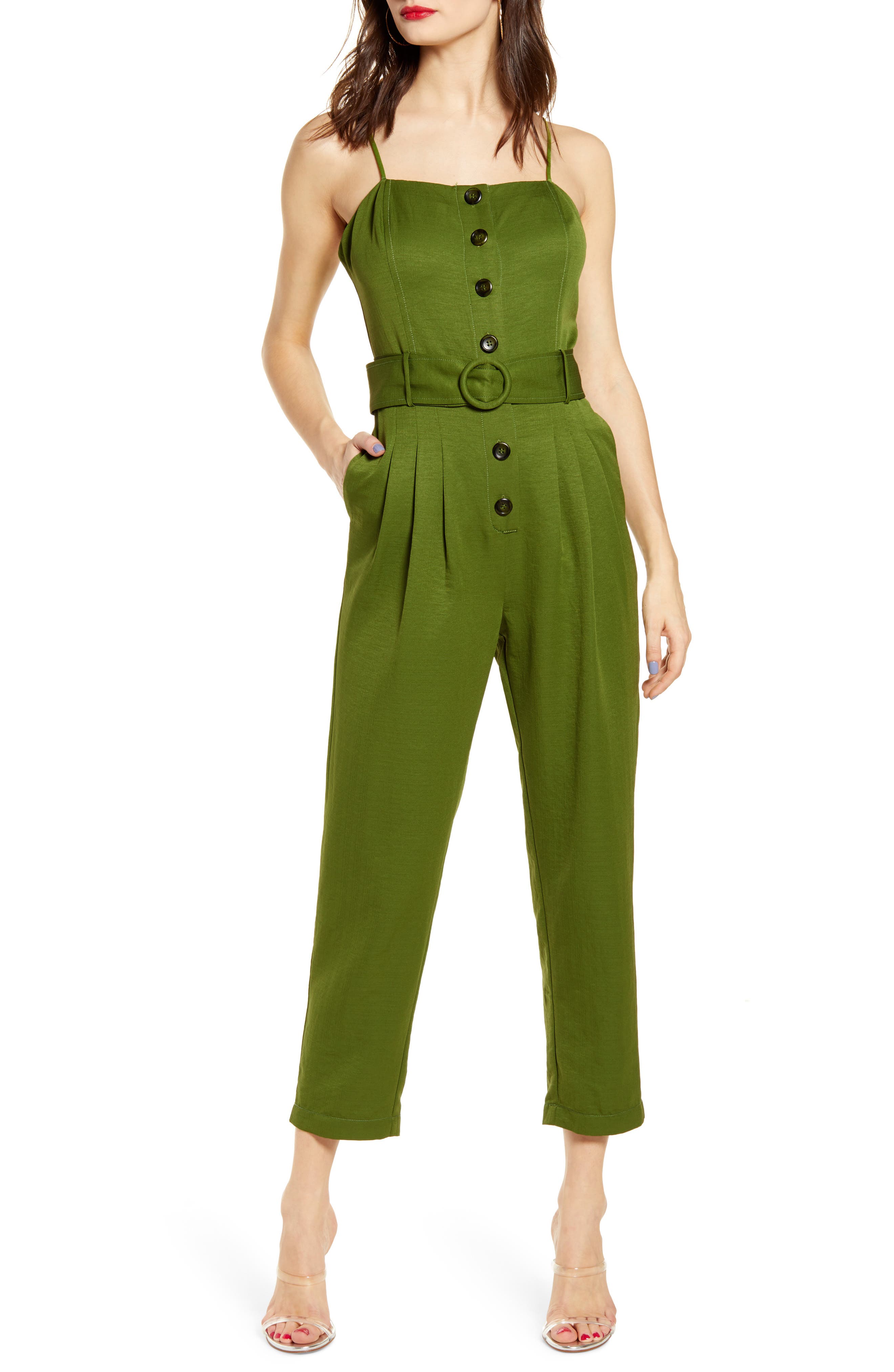 J.o.a. Button Front Jumpsuit, Green