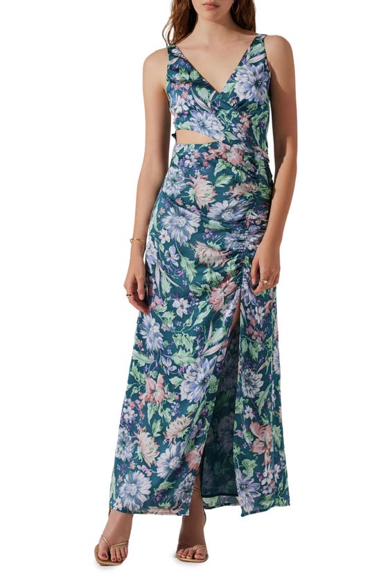 Shop Astr The Label Floral Ruched Cutout Dress In Teal Purple Multi Floral