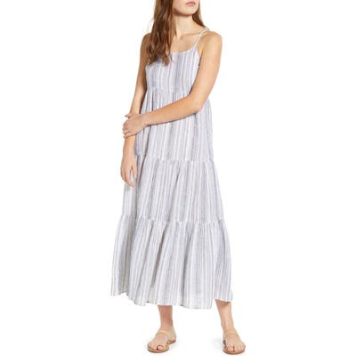 Beachlunchlounge Lana Stripe Linen & Cotton Tiered Midi Sundress, Blue