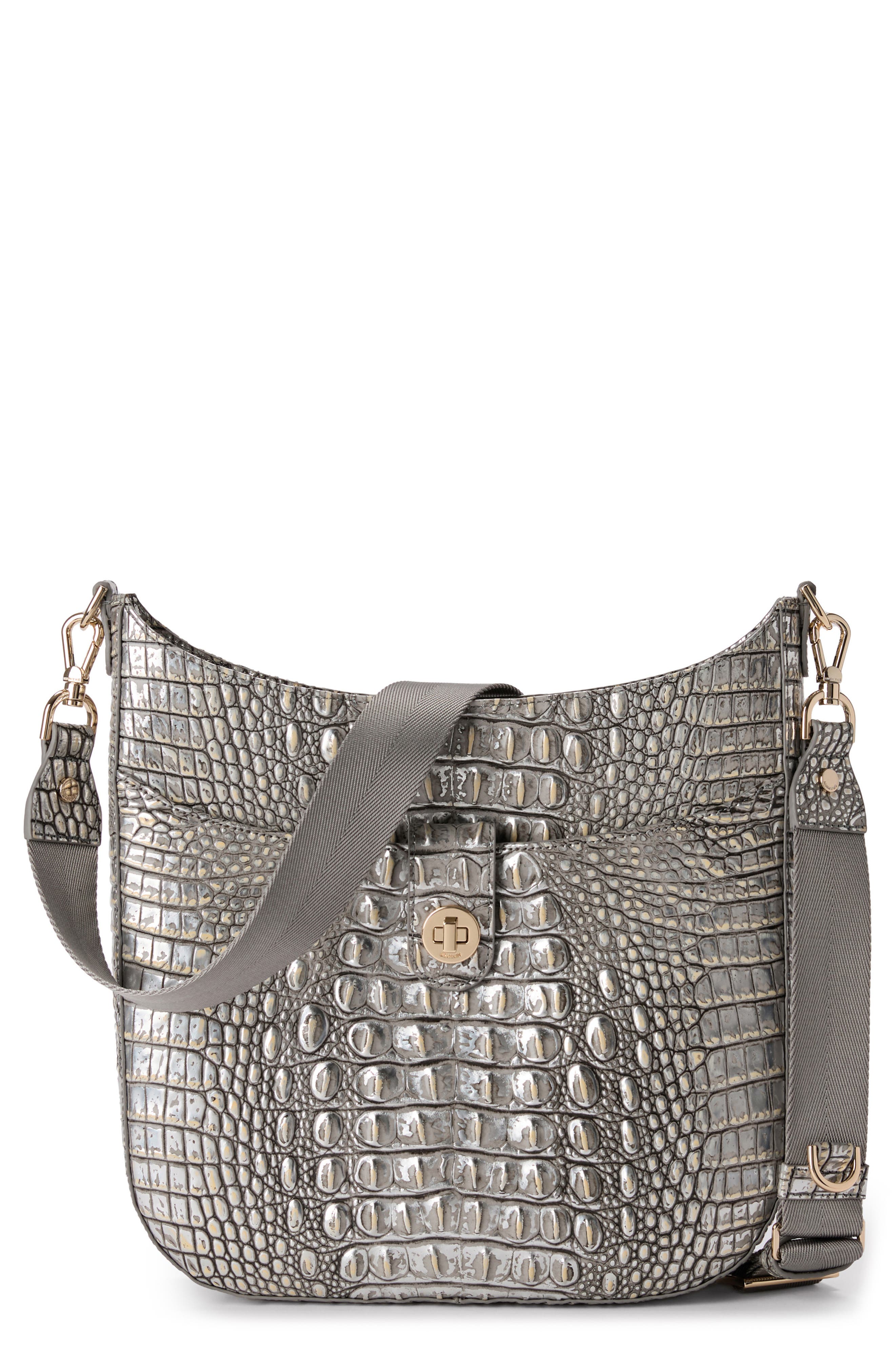 Brahmin Leia Croc Embossed Leather Crossbody Bag in Chrome 