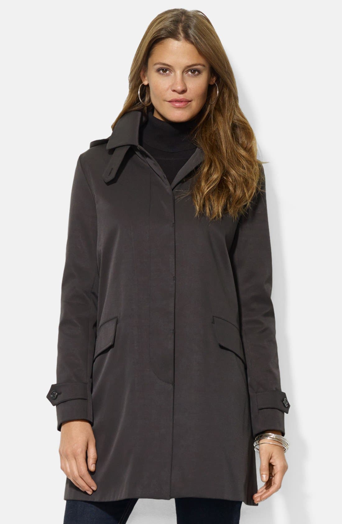 Lauren Ralph Lauren Bonded Cotton ALine Raincoat with Detachable Hood