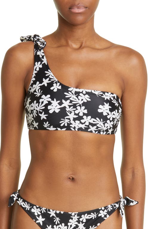 lemlem Sea Floral One-Shoulder Bikini Top in Black