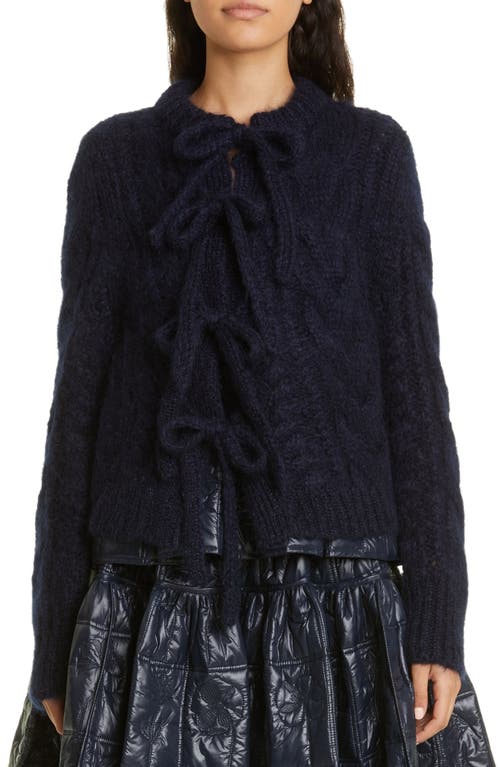 Cecilie Bahnsen Bow Detail Cable Knit Mohair & Virgin Wool Cardigan in Navy Blue