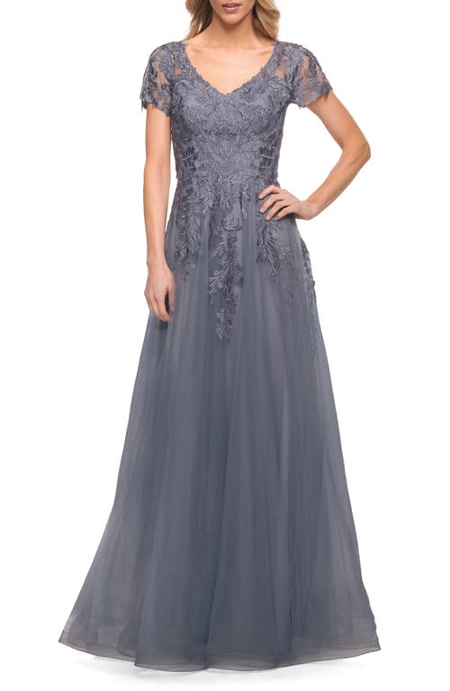La Femme Embroidered Tulle A-Line Gown in Slate