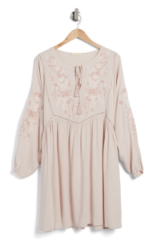 Lovestitch Embroidered Long Sleeve Linen Blend Dress In Blush/ Rose