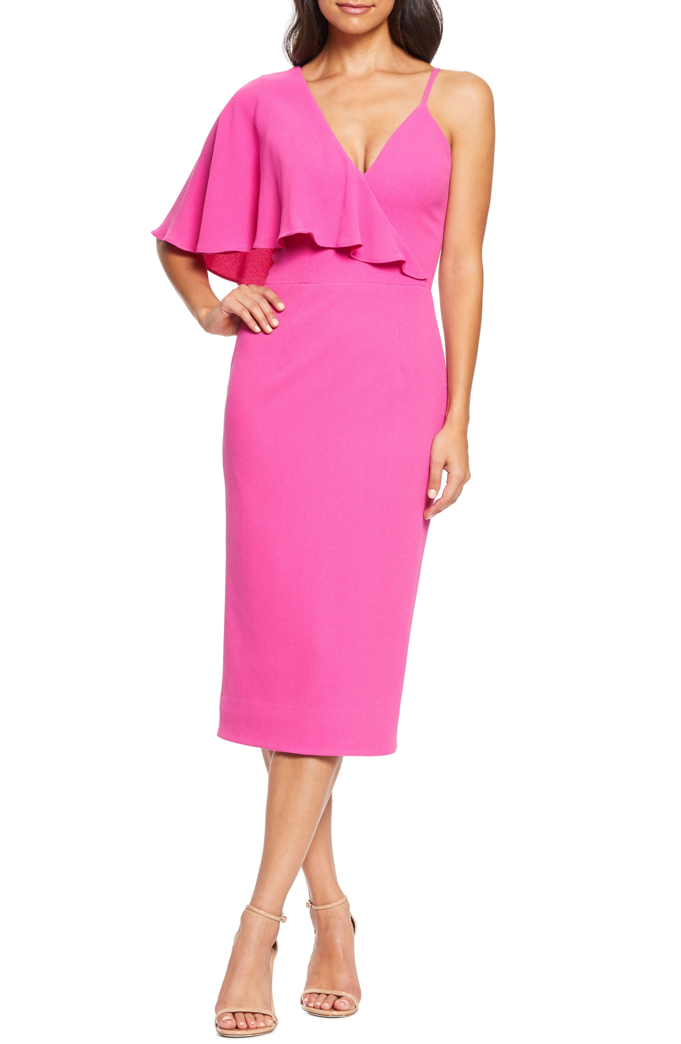 Dress The Population Beth Asymmetrical Ruffle Sleeve Dress, Pink
