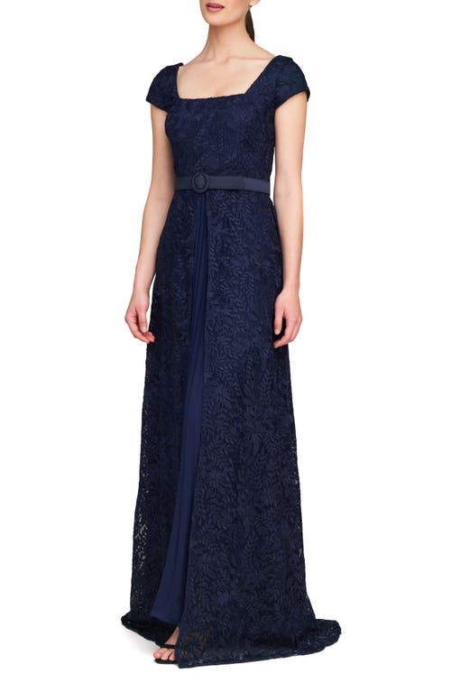 Shop Kay Unger Claudia Belted Pleated Lace Gown In Midnight