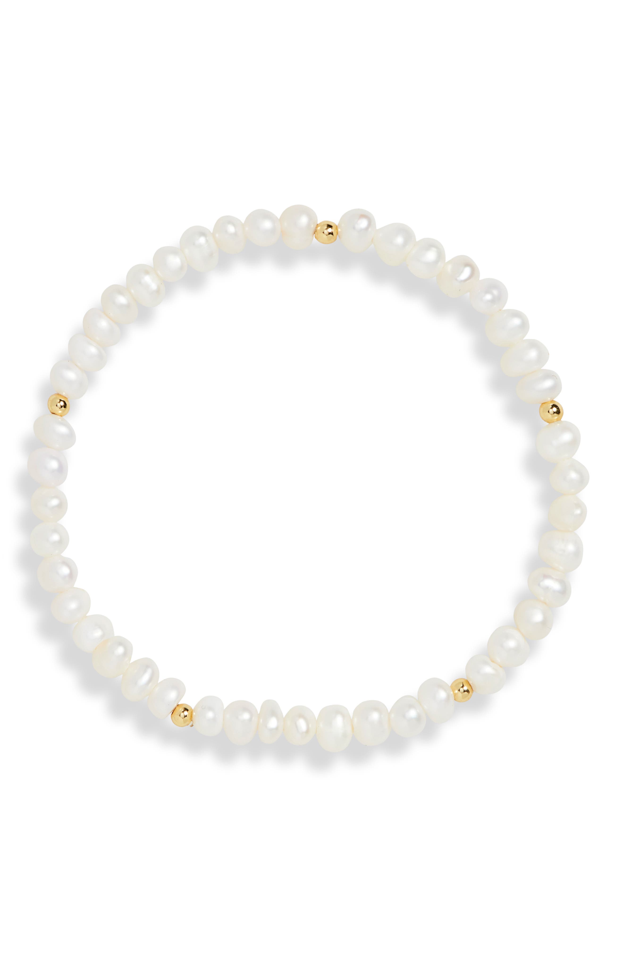 Argento Vivo Sterling Silver Cultured Pearl Stretch Bracelet in Gold/Pearl 