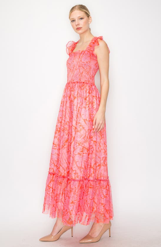 Melloday Ruffle Smocked Sleeveless Midi Dress In Coral Multi