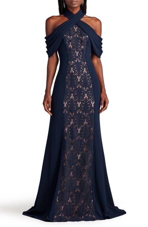 Tadashi Shoji Lace Inset Cold-shoulder Gown In Navy/nude