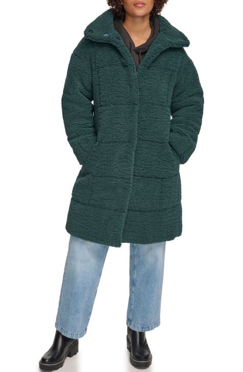 Topshop High Pile Fleece Longline Coat In Light Green