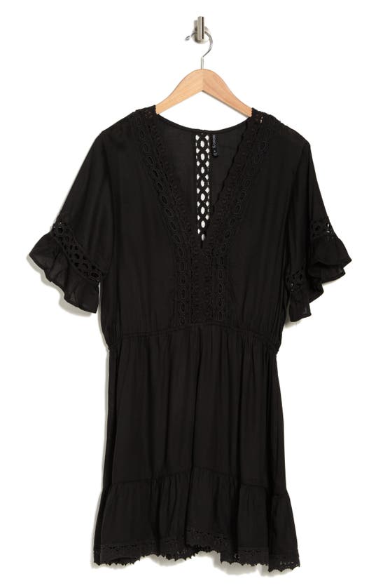 Boho Me Crochet Lace Trim Cover-up Tunic In Black