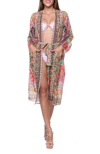 Ranee's Ranees Tie Waist Longline Cover-up Cape In Pink