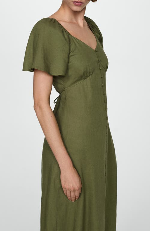 Shop Mango Flutter Sleeve Linen Blend Midi Dress In Khaki Green