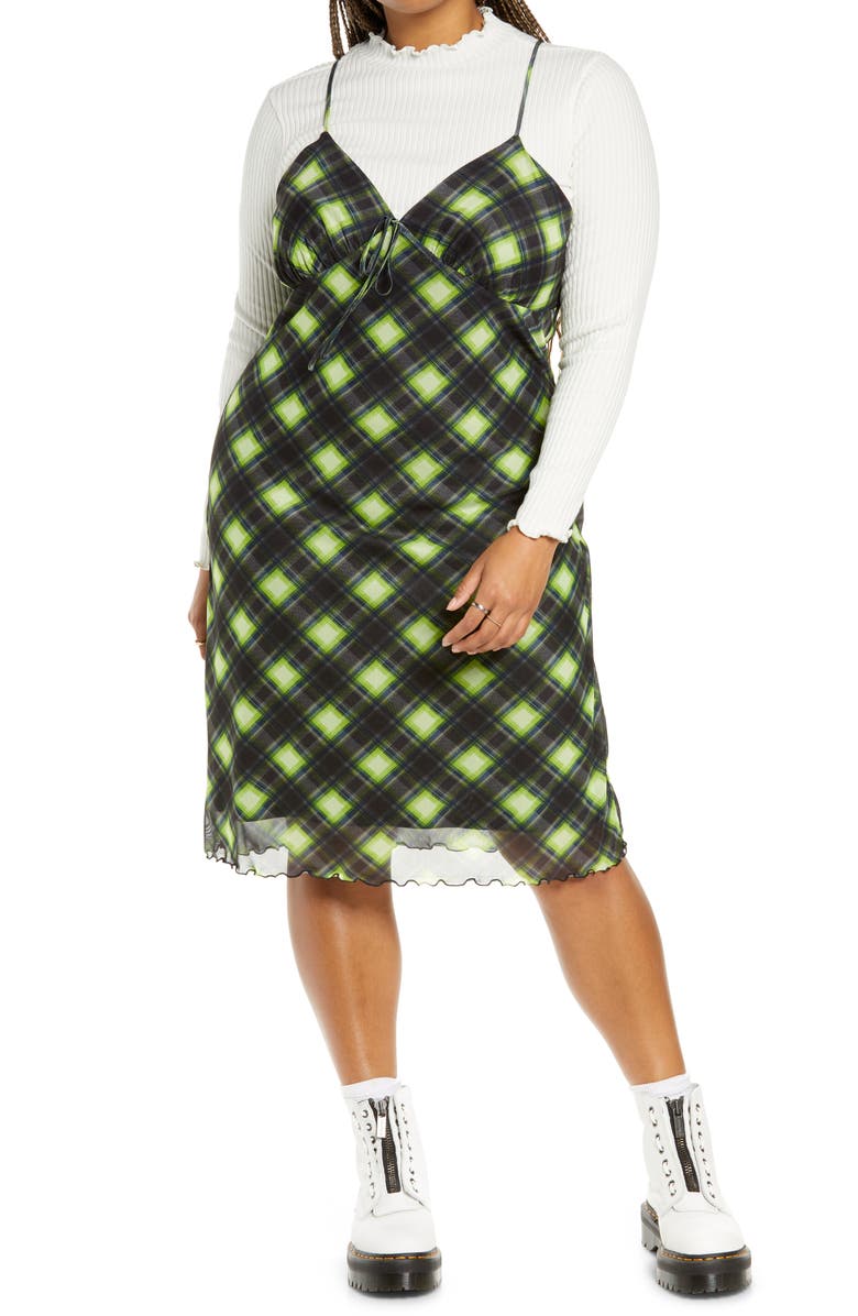 BP. Print Mesh Slipdress, Main, color, BLACK- GREEN ABBY PLAID