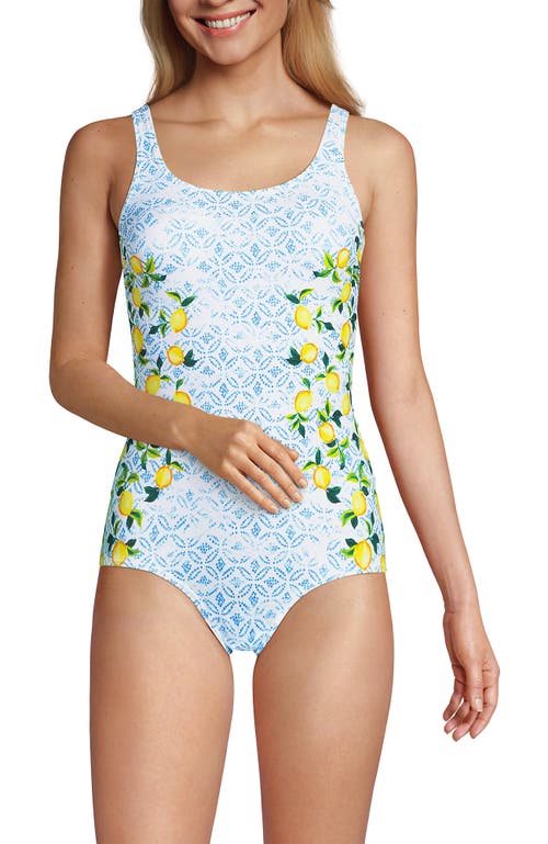 Shop Lands' End Scoop Neck Tugless Sporty One Piece Swimsuit In White Batik Lemons Placement