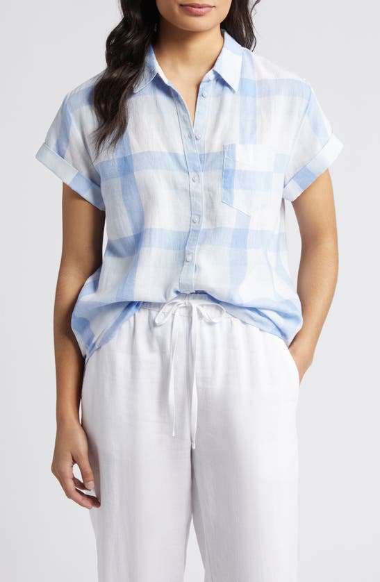 Caslon Linen Blend Camp Shirt In Blue C- White Multi Check