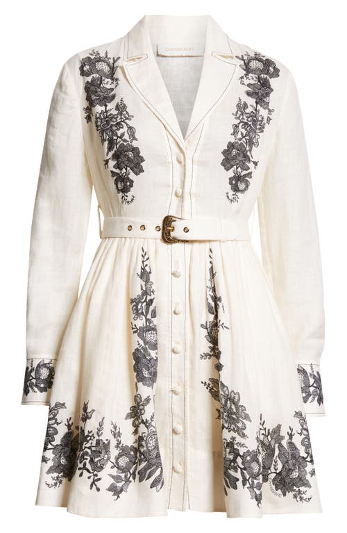 Zimmermann Floral Embroidered Belted Long Sleeve Linen Shirtdress In Cream Floral