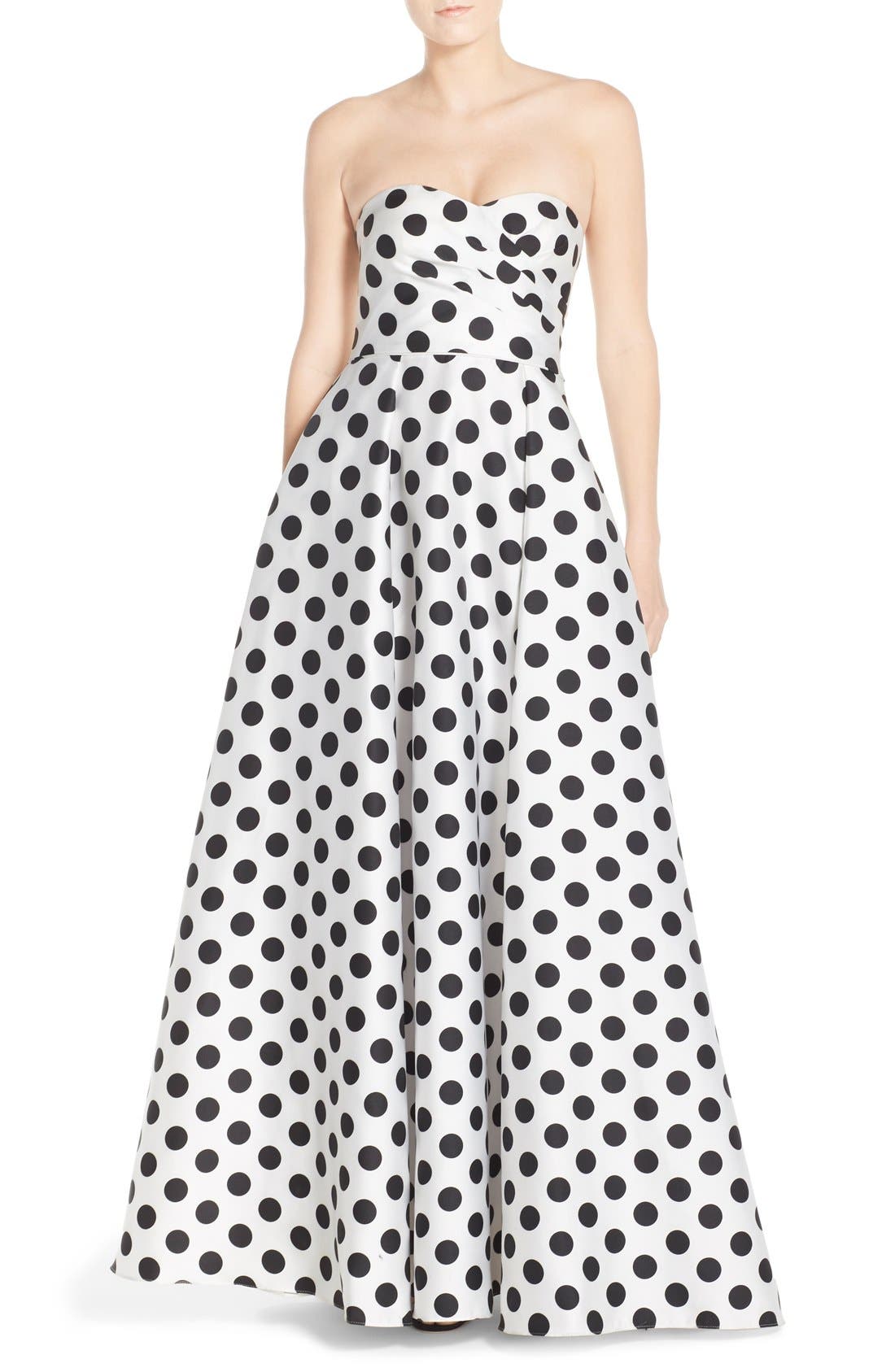 adrianna papell polka dot bodice gown