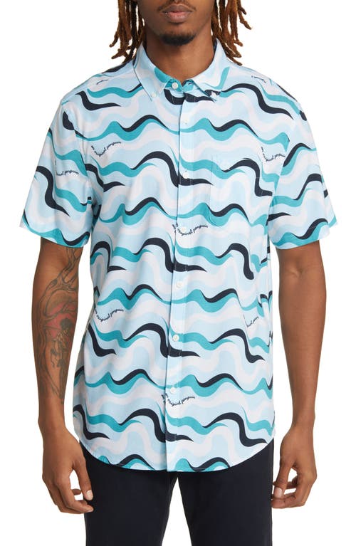 Wavy Print Short Sleeve Button-Down Shirt in Cool Blue