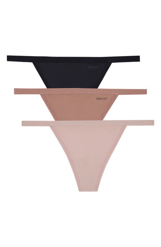 Dkny Assorted 3-pack Active Comfort Microfiber G-strings In Black/ Beige/ Rose Blush