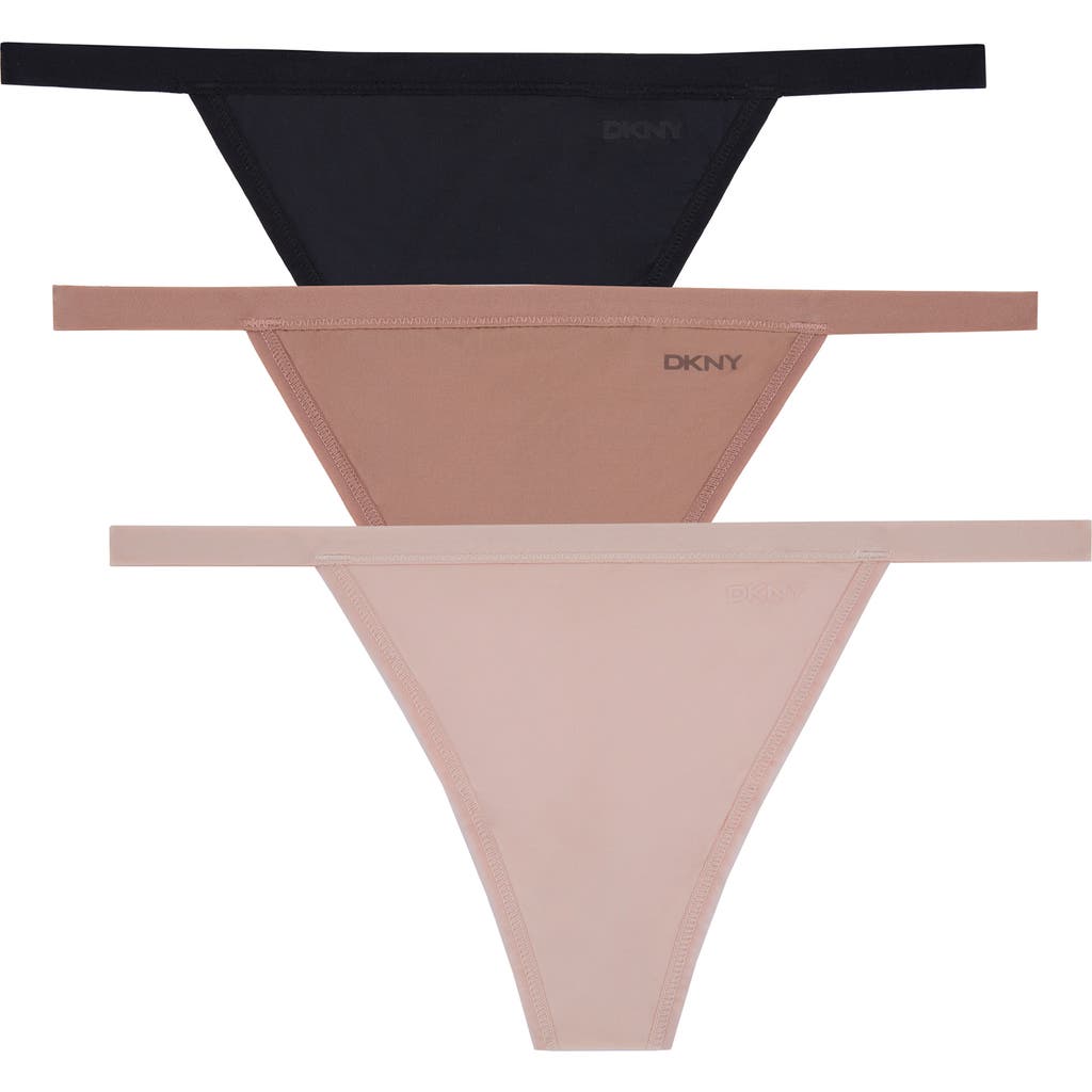 Dkny Assorted 3-pack Active Comfort Microfiber G-strings In Black/beige/rose Blush