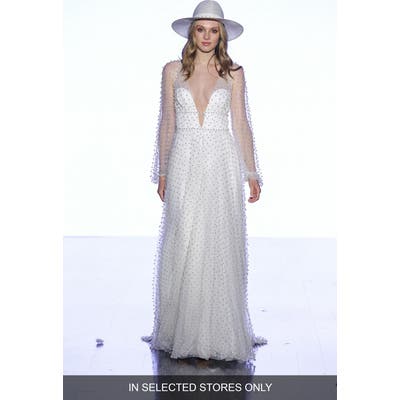 Willowby Pisces Beaded Tulle Long Sleeve A-Line Wedding Dress, Size - Ivory