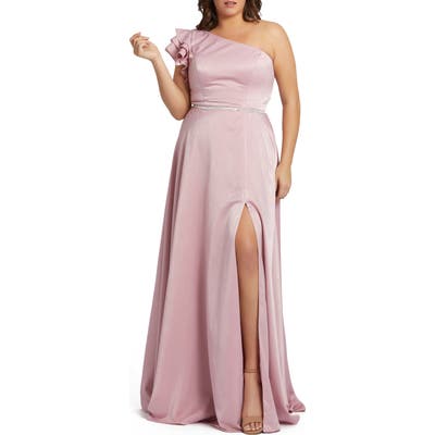 Plus Size MAC Duggal One-Shoulder Satin Gown, Pink