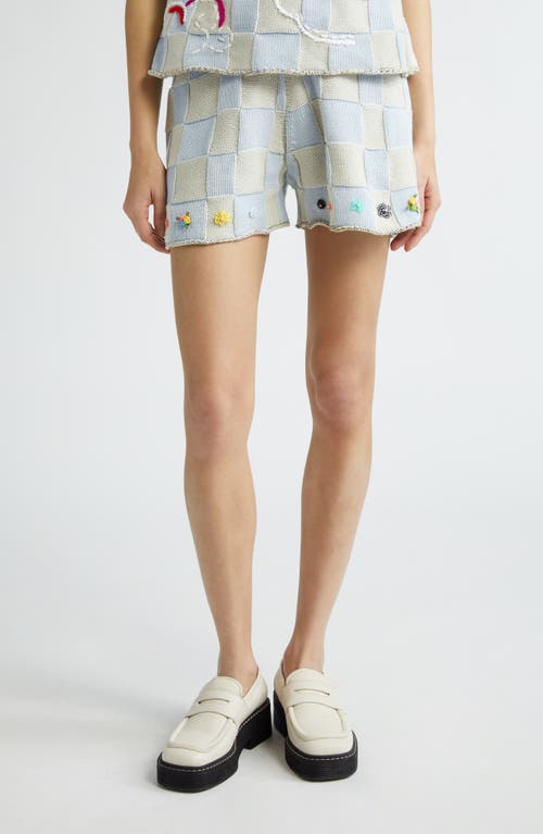 Checkerboard Embroidered Knit Shorts in Sky