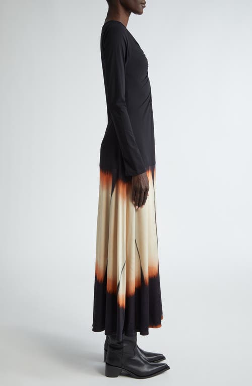 Shop Johanna Ortiz Dibujo Simbolico Long Sleeve Stretch Satin Dress In Stripe Dyes/black/sand