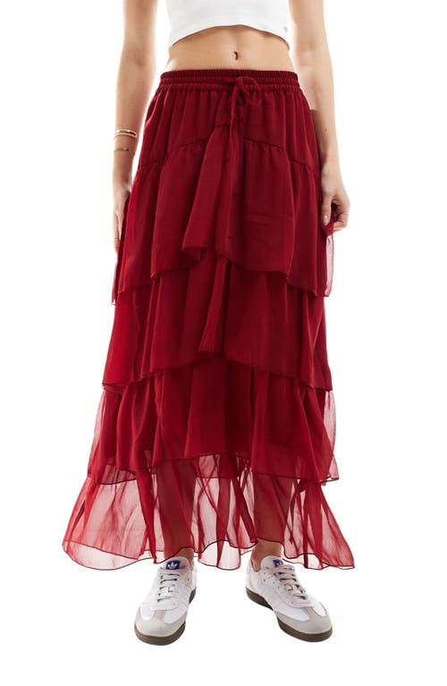 Shop Miss Selfridge Tiered Chiffon Maxi Skirt In Burgundy