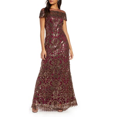 Tadashi Shoji Sequin Illusion Off The Shoulder Evening Gown, Burgundy
