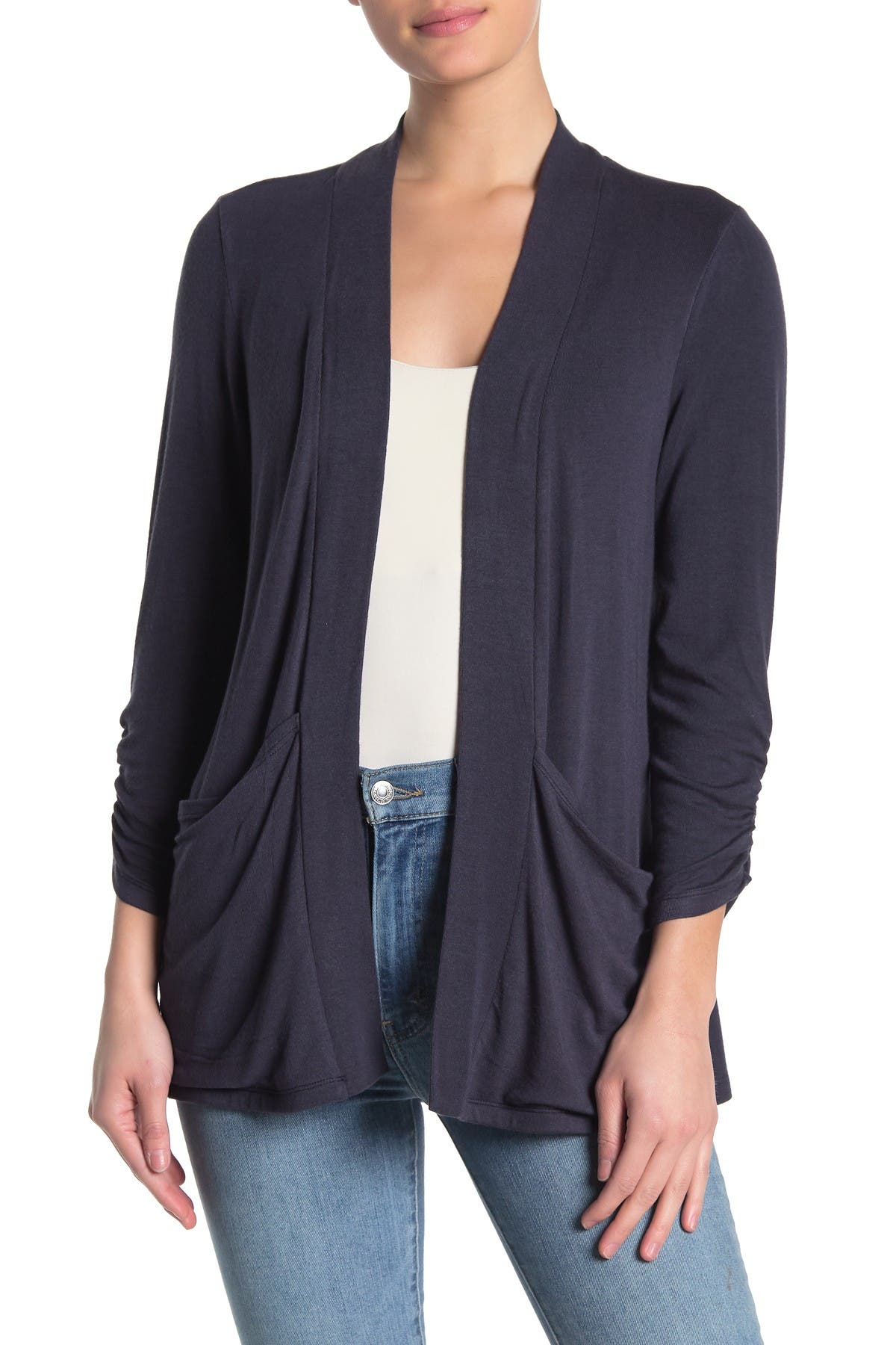 bobeau ruched sleeve cardigan