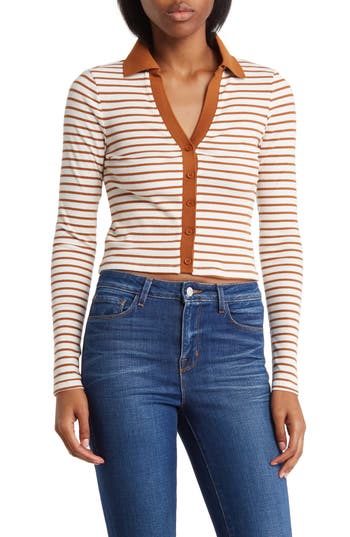 Shop Elodie Stripe Stretch Cotton Open Collar Button Top In Ivory/camel Stripe
