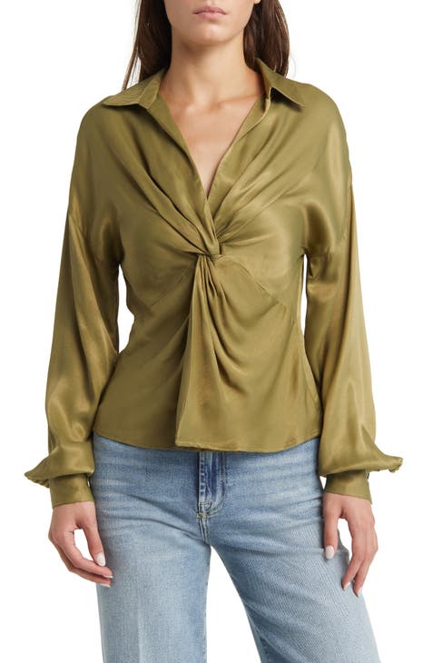 Knot Front Long Sleeve Satin Top