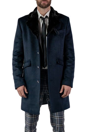 Woodpecker Men's Faux Fur Trim Wool Blend Top Coat In Navy