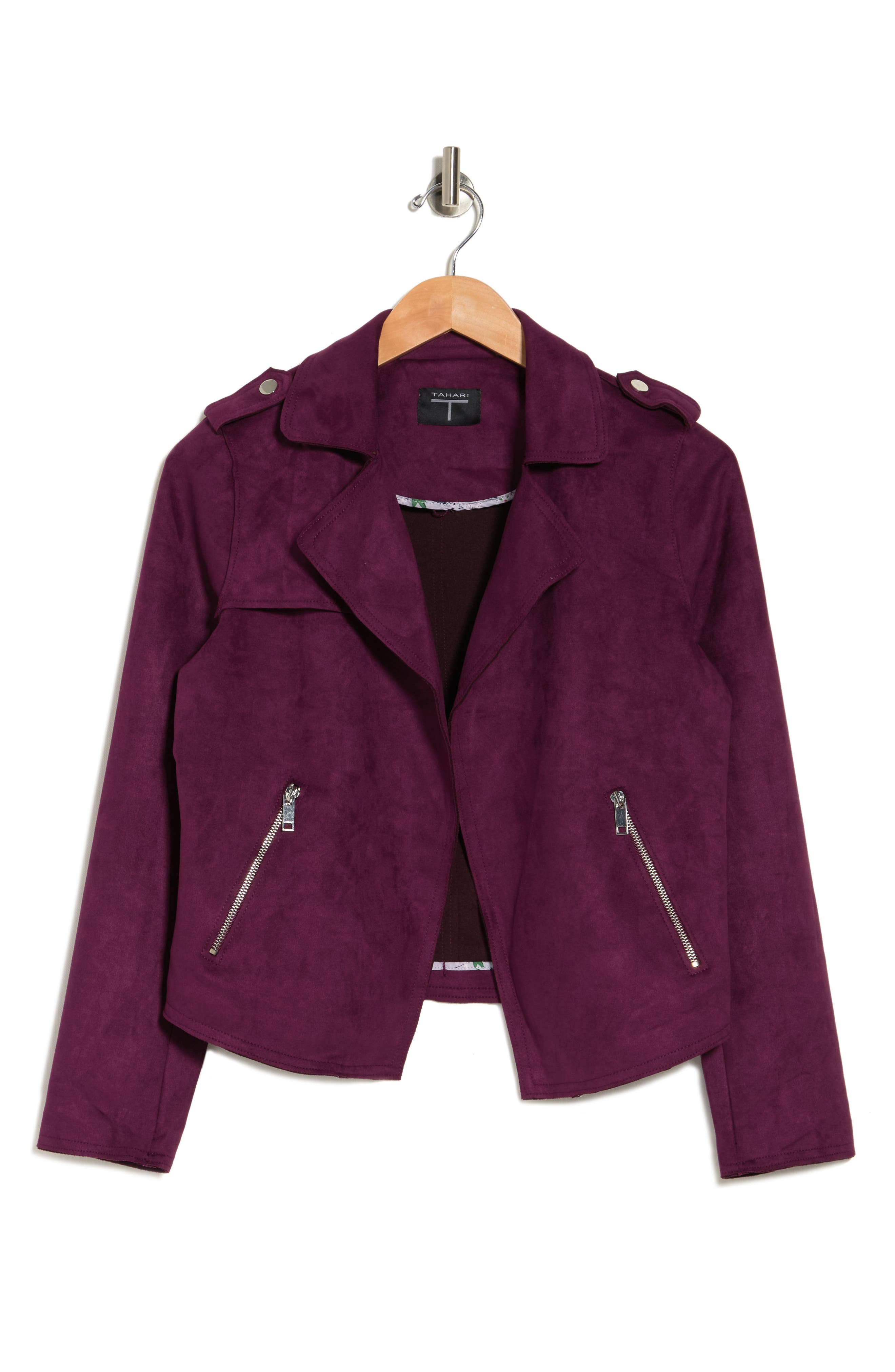 t tahari faux suede crop moto jacket