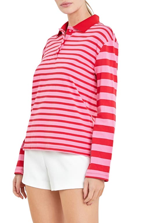 English Factory Stripe Long Sleeve Polo In Pink/red