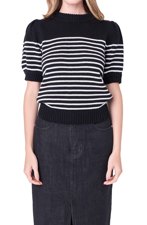 Shop English Factory Stripe Short Puff Sleeve Sweater In Black/white